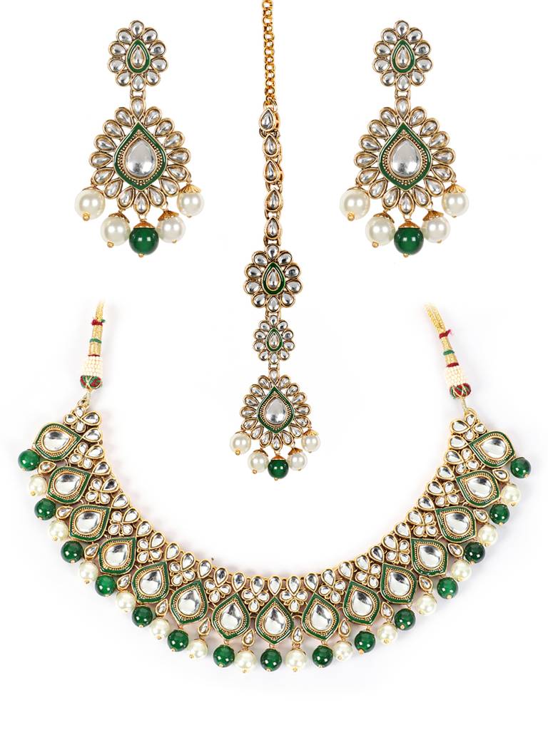 Gold-Plated Kundan-Studded & Pearl Beaded Jewellery Set : NL-JS21-40084