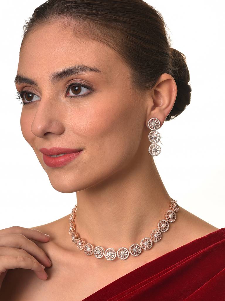 Rose Gold-Plated American Diamond Studded Jewellery Set : NL-JS22-40097