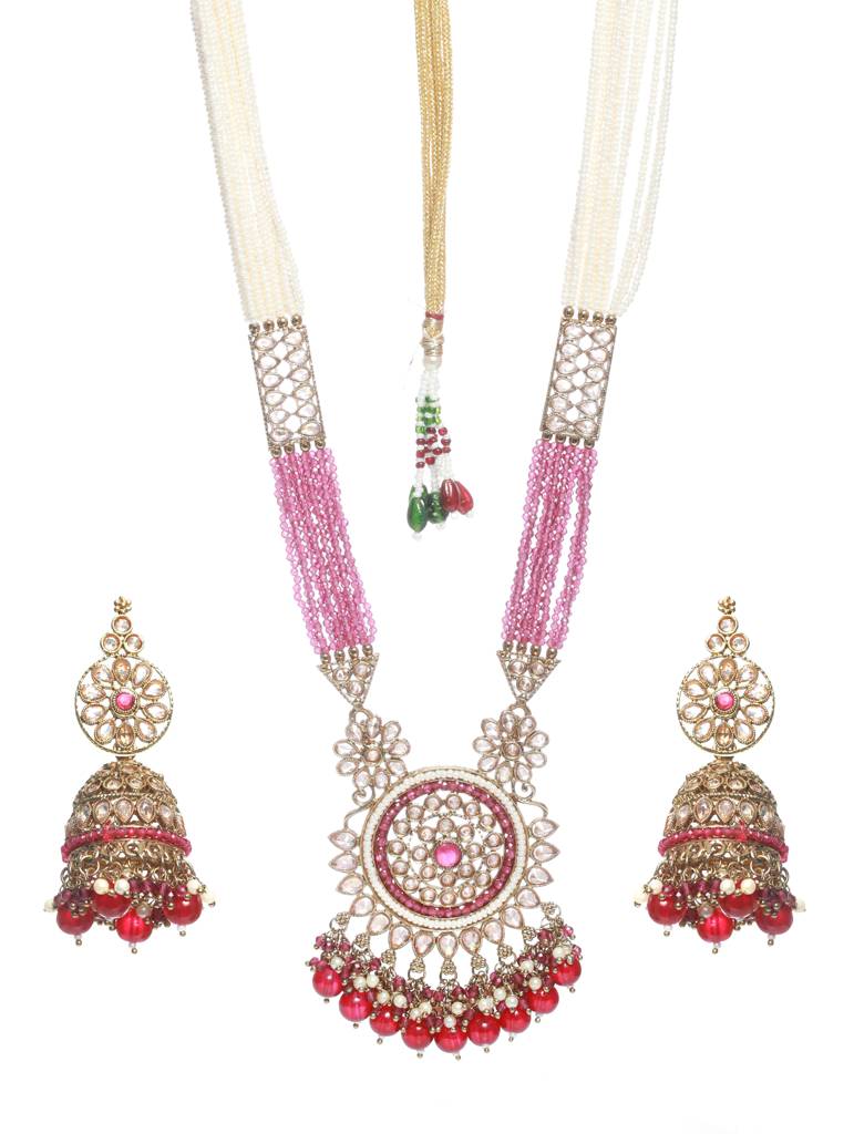 Gold-Plated & Magenta Kundan Stone-Studded Jewellery Set : NL-JS22-40116