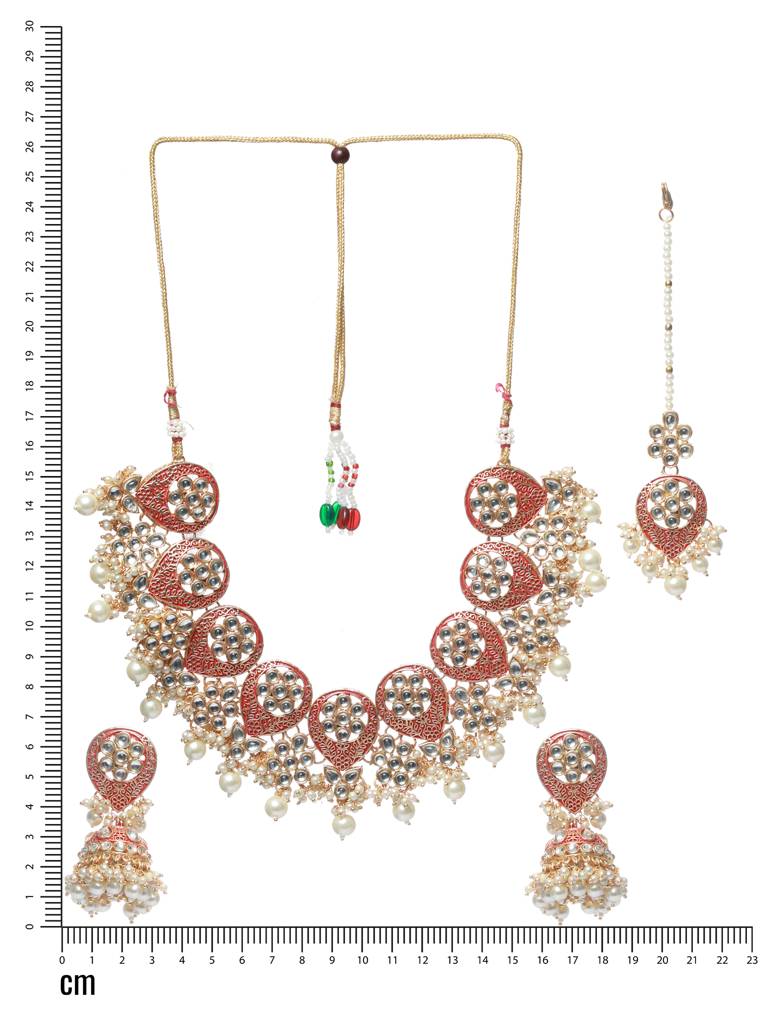 Gold-Plated Stone-Studded & Pearl Beaded Meenakari Jewellery Set : NL-JS22-40119