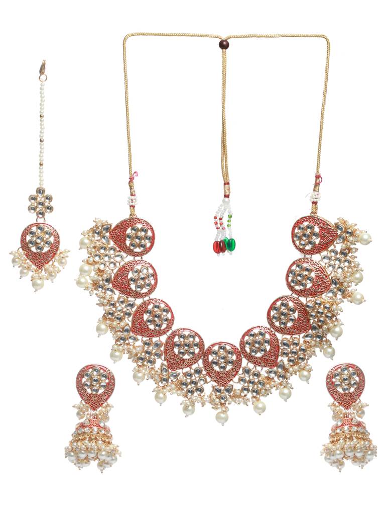 Gold-Plated Stone-Studded & Pearl Beaded Meenakari Jewellery Set : NL-JS22-40119