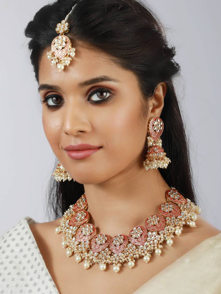 Gold-Plated Stone-Studded & Pearl Beaded Meenakari Jewellery Set : NL-JS22-40119