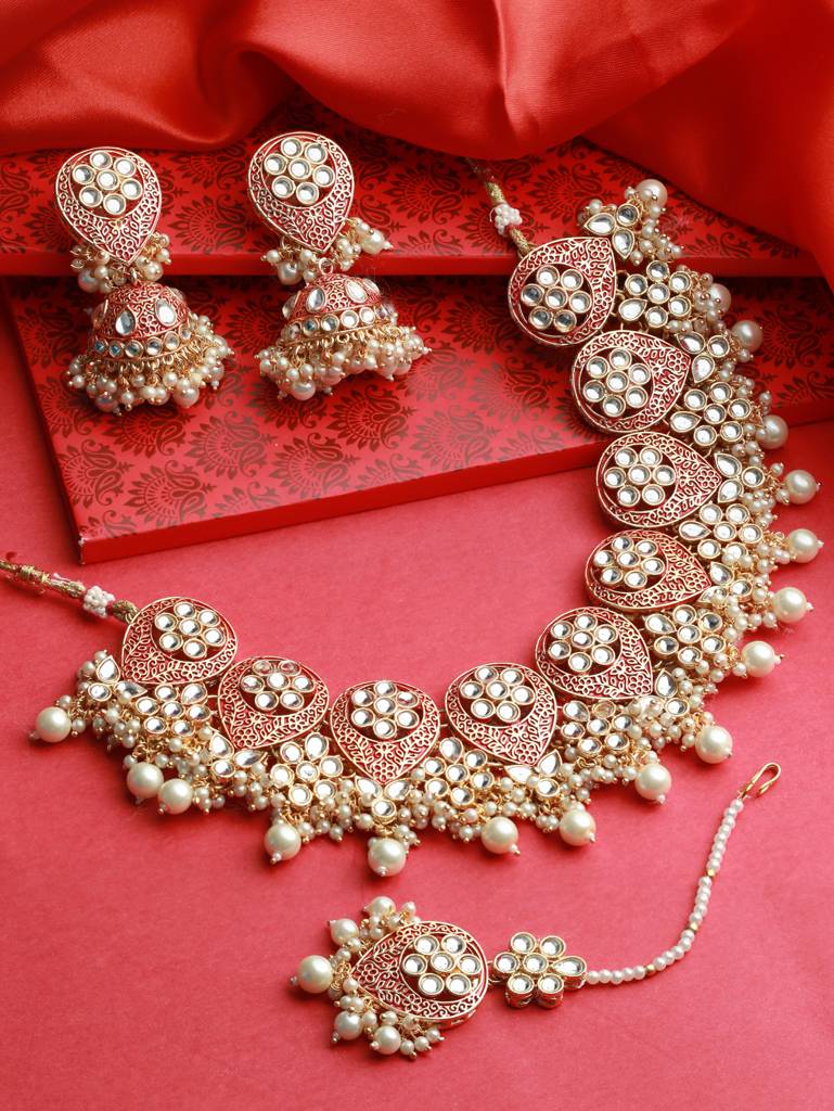 Gold-Plated Stone-Studded & Pearl Beaded Meenakari Jewellery Set : NL-JS22-40119