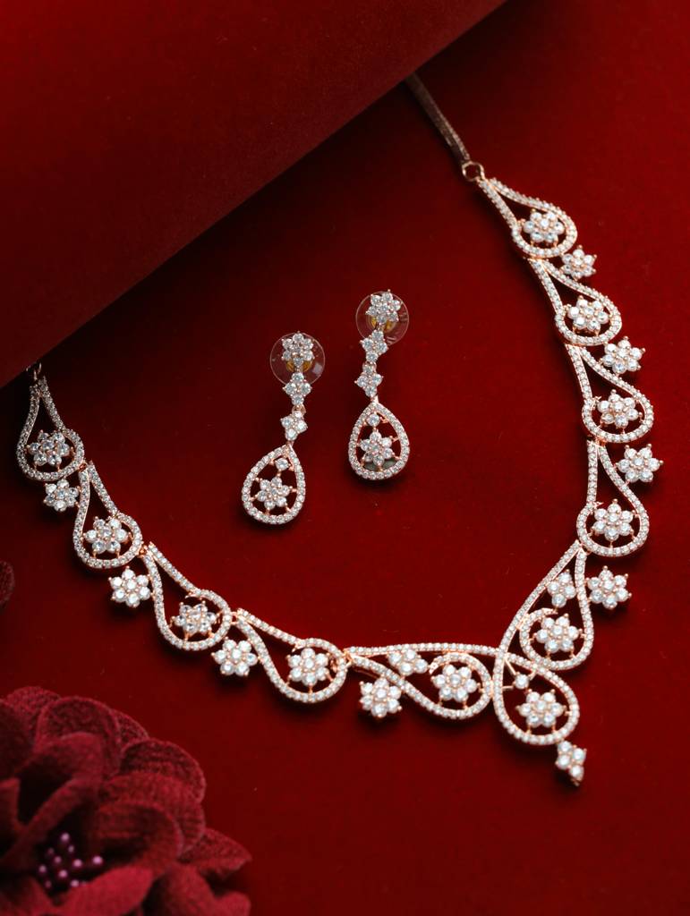 Rose Gold-Plated White American Diamond & Cz Studded Jewellery Set : NL-JS22-40138