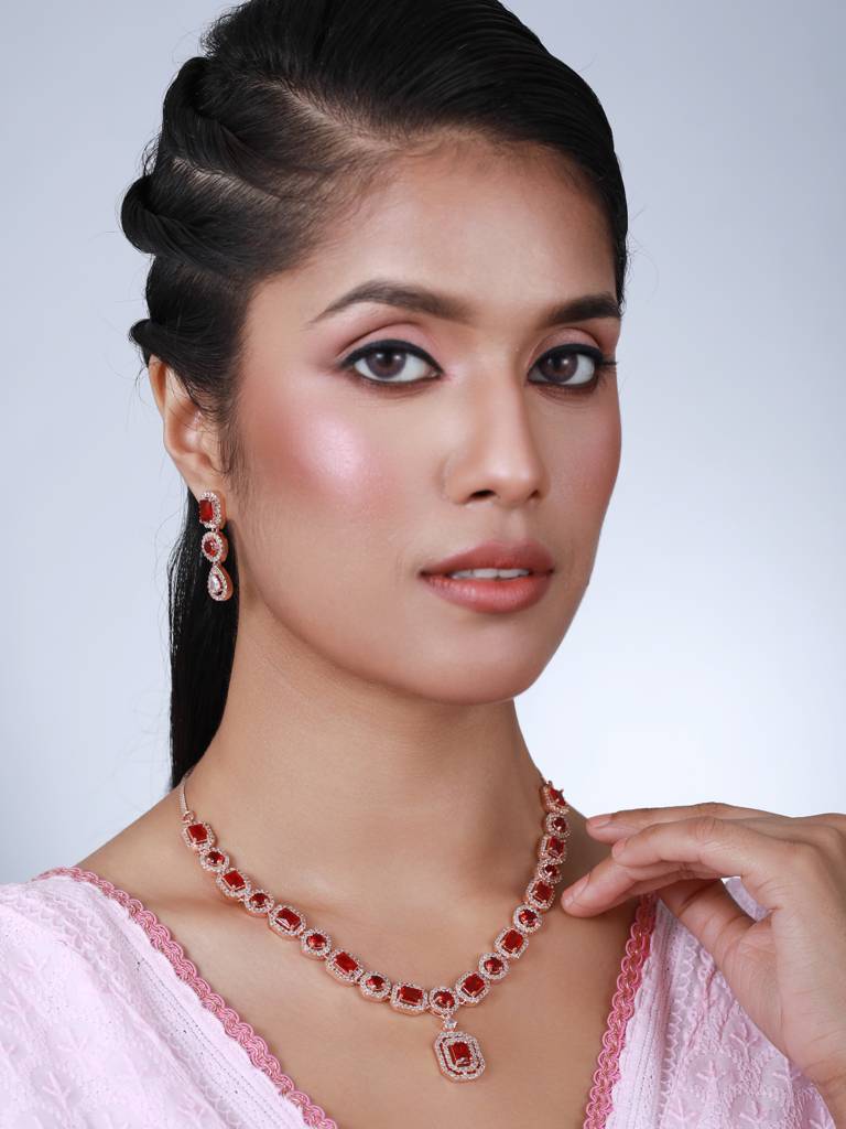 Red American Diamond Rose Gold-Plated &Cz Studded Jewellery Set : NL-JS22-40143