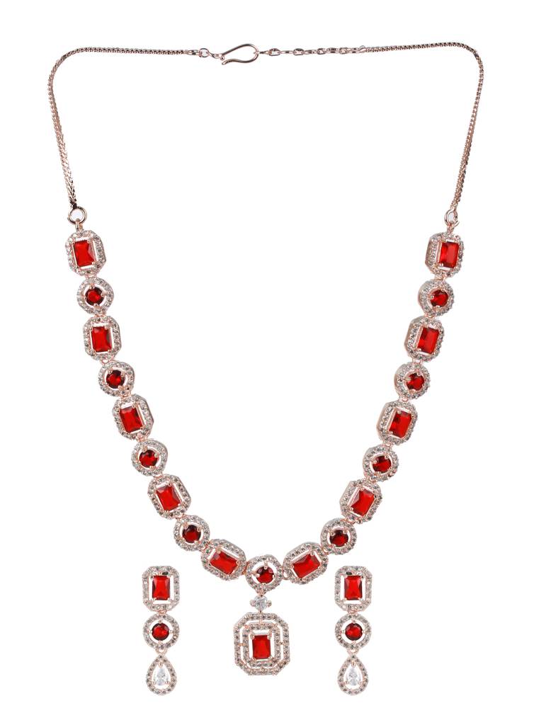 Red American Diamond Rose Gold-Plated &Cz Studded Jewellery Set : NL-JS22-40143