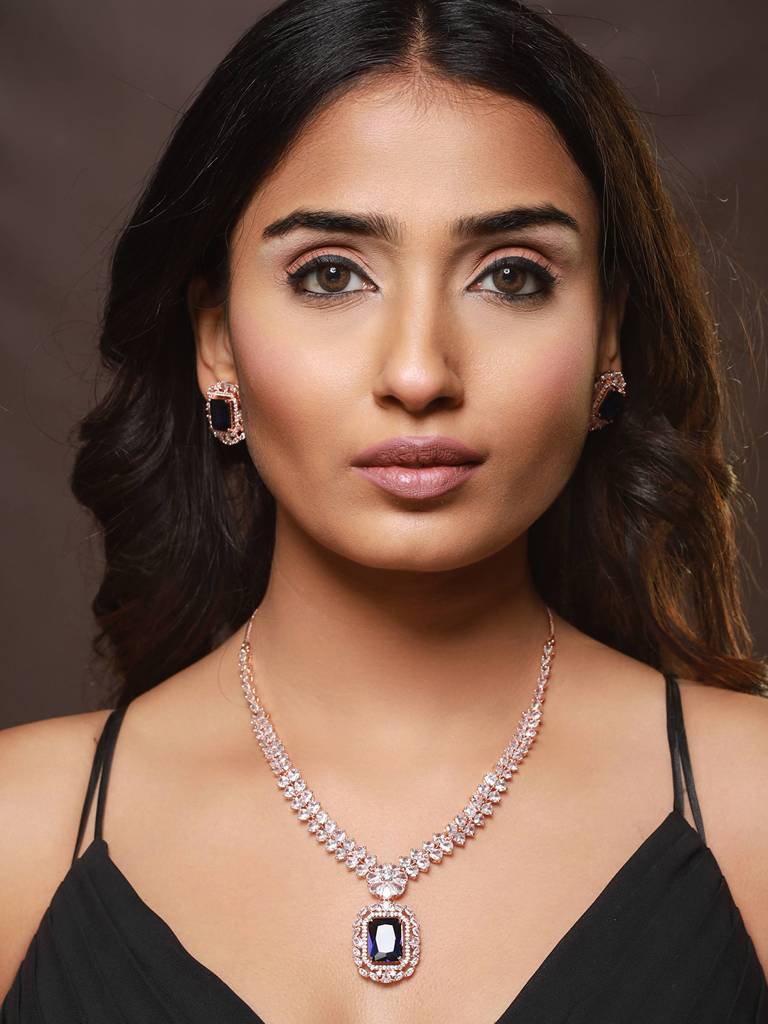 Rose Gold-Plated American Diamond Studded Jewellery Set-Nl-Js22-40187 : NL-JS22-40187