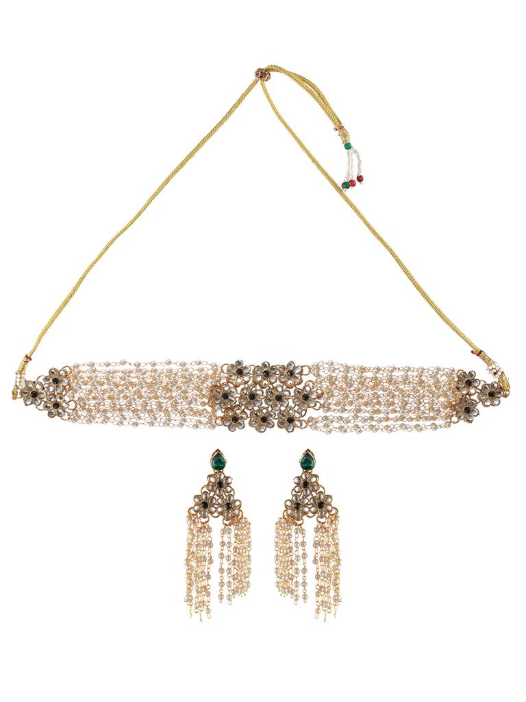 Gold-Plated Kundan-Studded & Pearl-Beaded Jewellery Set : NL-JS22-40196