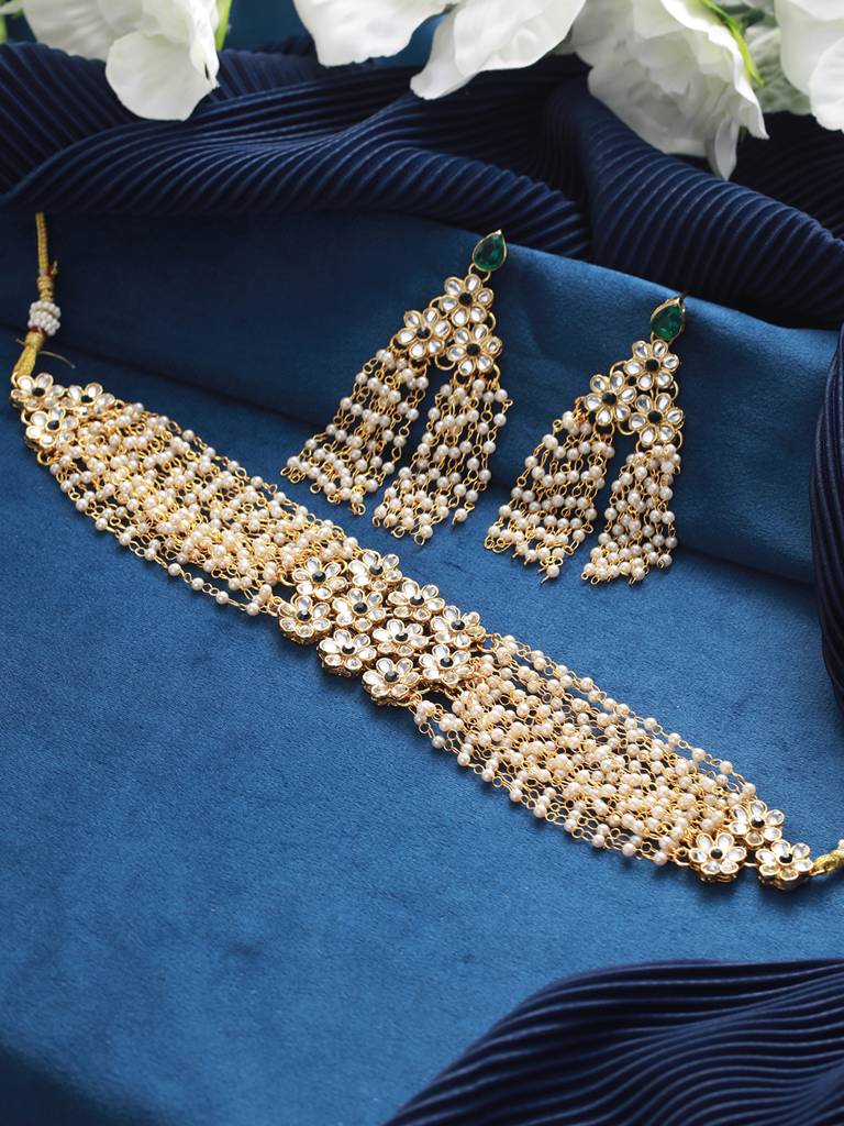 Gold-Plated Kundan-Studded & Pearl-Beaded Jewellery Set : NL-JS22-40196