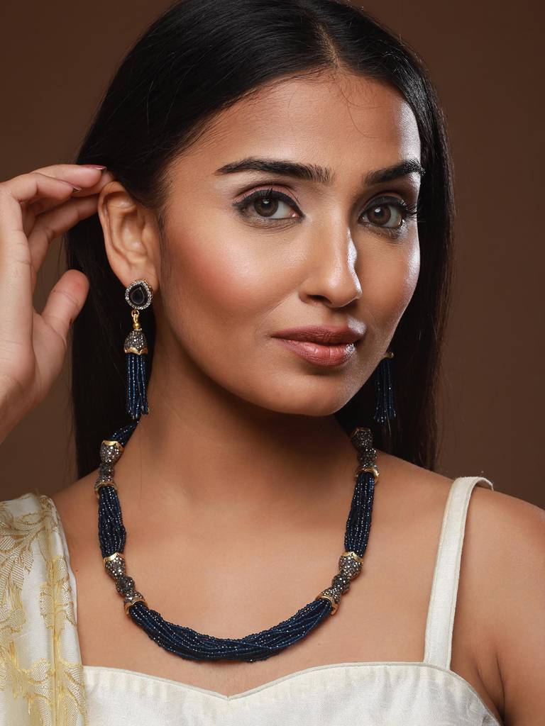 Gold-Plated Stone Studded & Beaded Necklace And Earrings-Nl-Js23-40216 : NL-JS23-40216