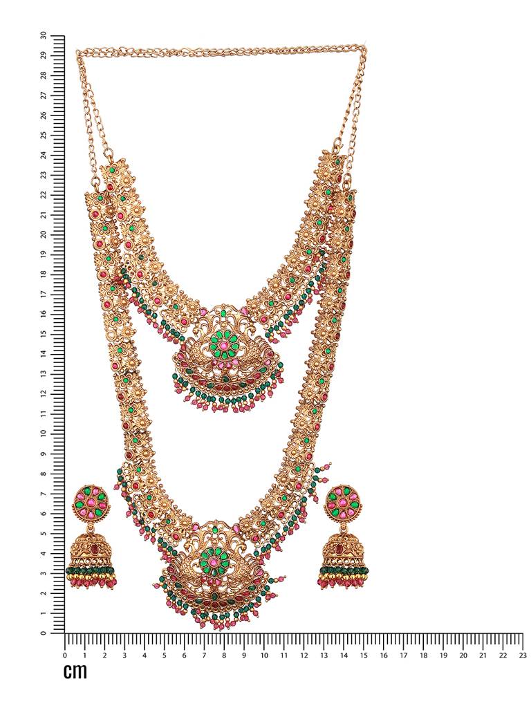Gold-Plated Stones Studded & Beads Beaded Temple Necklace With Earrings : NL-JS23-40351