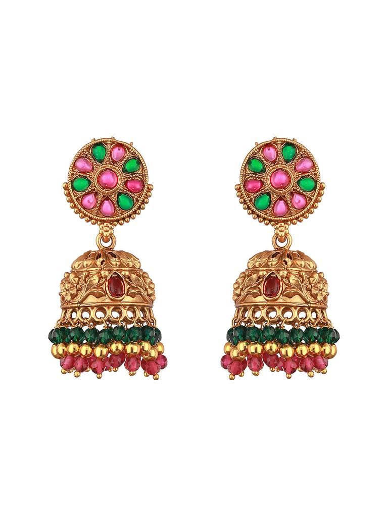 Gold-Plated Stones Studded & Beads Beaded Temple Necklace With Earrings : NL-JS23-40351