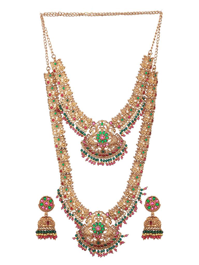 Gold-Plated Stones Studded & Beads Beaded Temple Necklace With Earrings : NL-JS23-40351