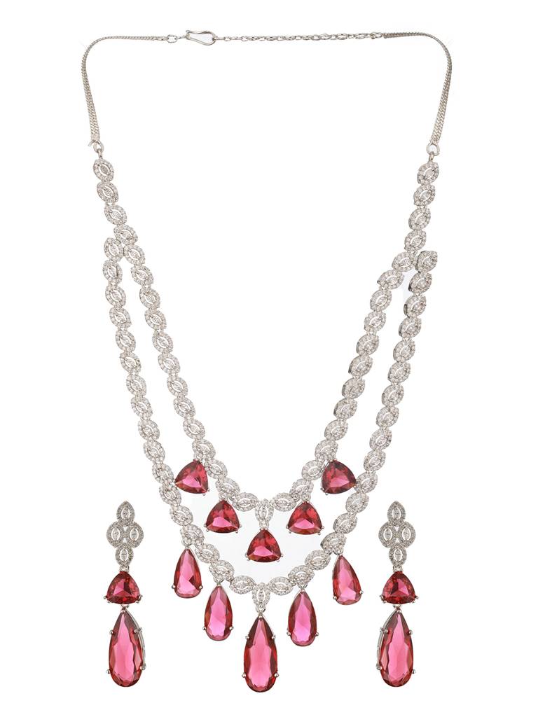 Rhodium-Plated American Diamond Stone-Studded Layered Jewellery Set : NL-JS24-40411