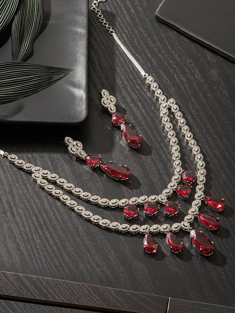 Rhodium-Plated American Diamond Stone-Studded Layered Jewellery Set : NL-JS24-40411