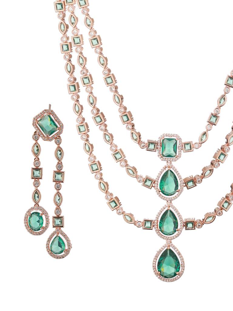 Rosegold-Plated Green Ad-Studded & Beaded Layered Jewellery Set : NL-JS24-40413