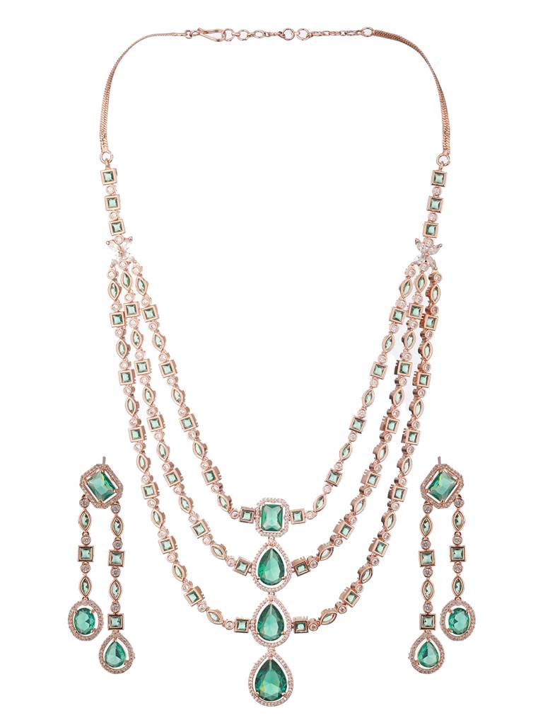 Rosegold-Plated Green Ad-Studded & Beaded Layered Jewellery Set : NL-JS24-40413