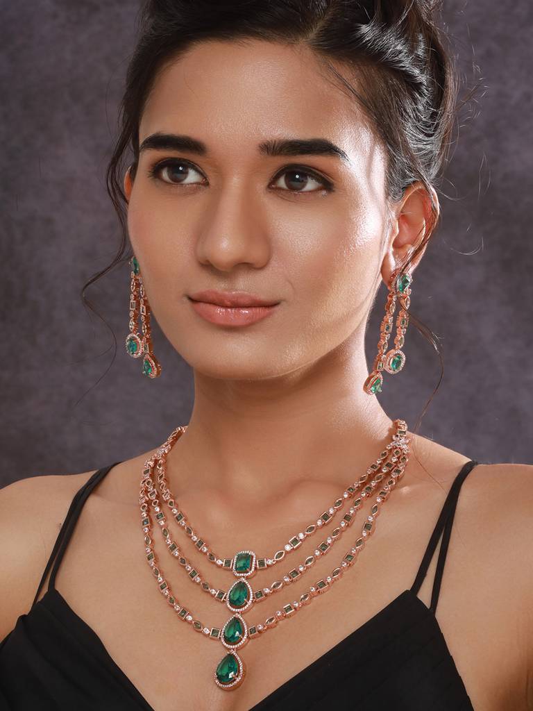 Rosegold-Plated Green Ad-Studded & Beaded Layered Jewellery Set : NL-JS24-40413