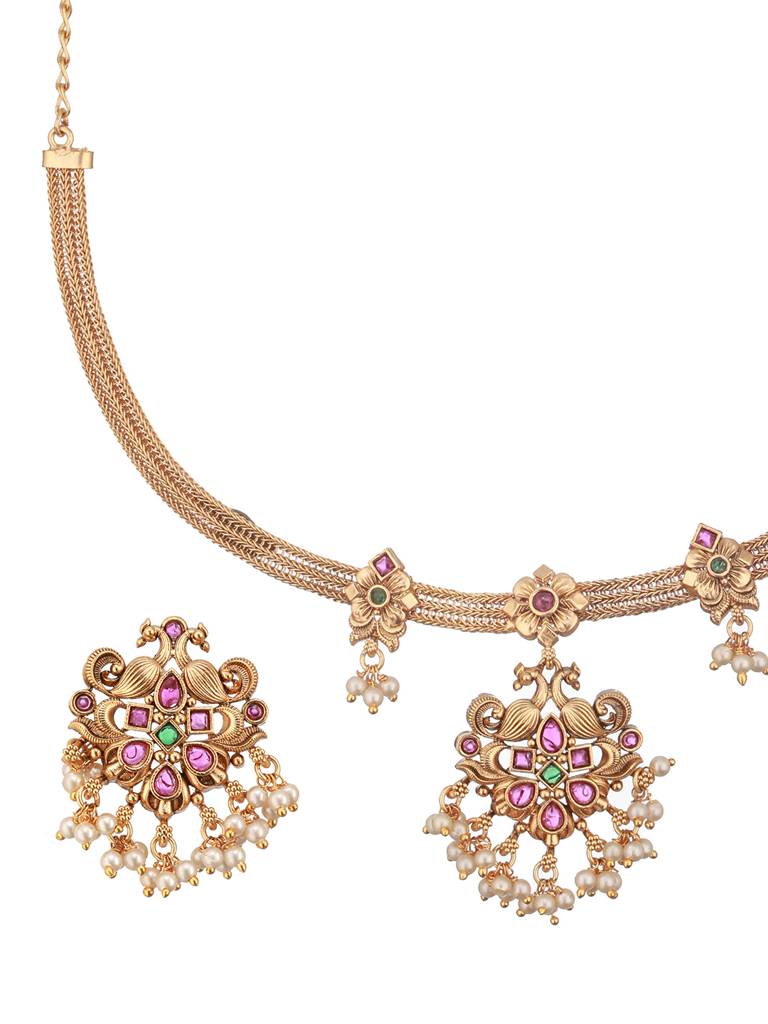 22K Gold-Plated Stone Studded & Beaded Temple Jewellery Set : NL-JS24-40418