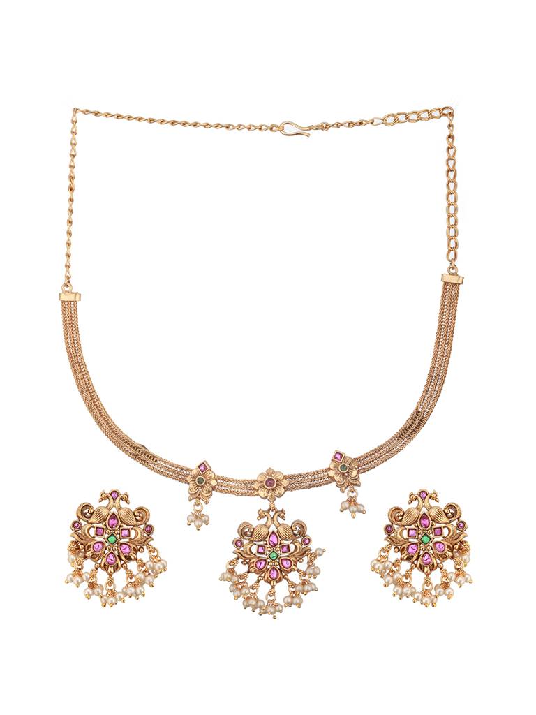 22K Gold-Plated Stone Studded & Beaded Temple Jewellery Set : NL-JS24-40418