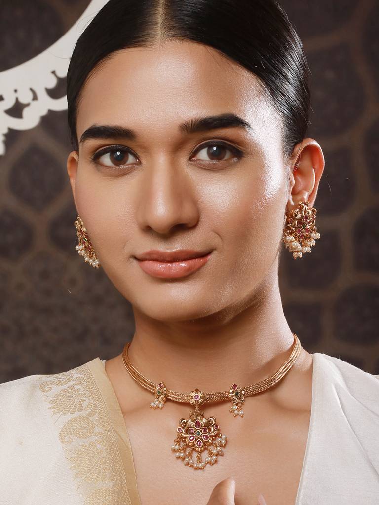 22K Gold-Plated Stone Studded & Beaded Temple Jewellery Set : NL-JS24-40418