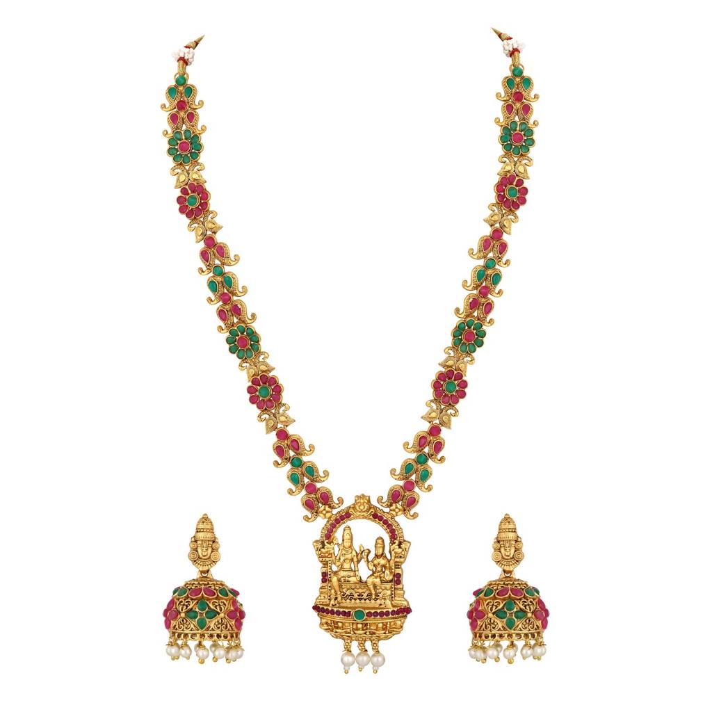 Gold-Plated Ruby & Emerald Stone-Studded Temple Jewellery Set With Pearl & Gold Beads : NL-JS25-40431