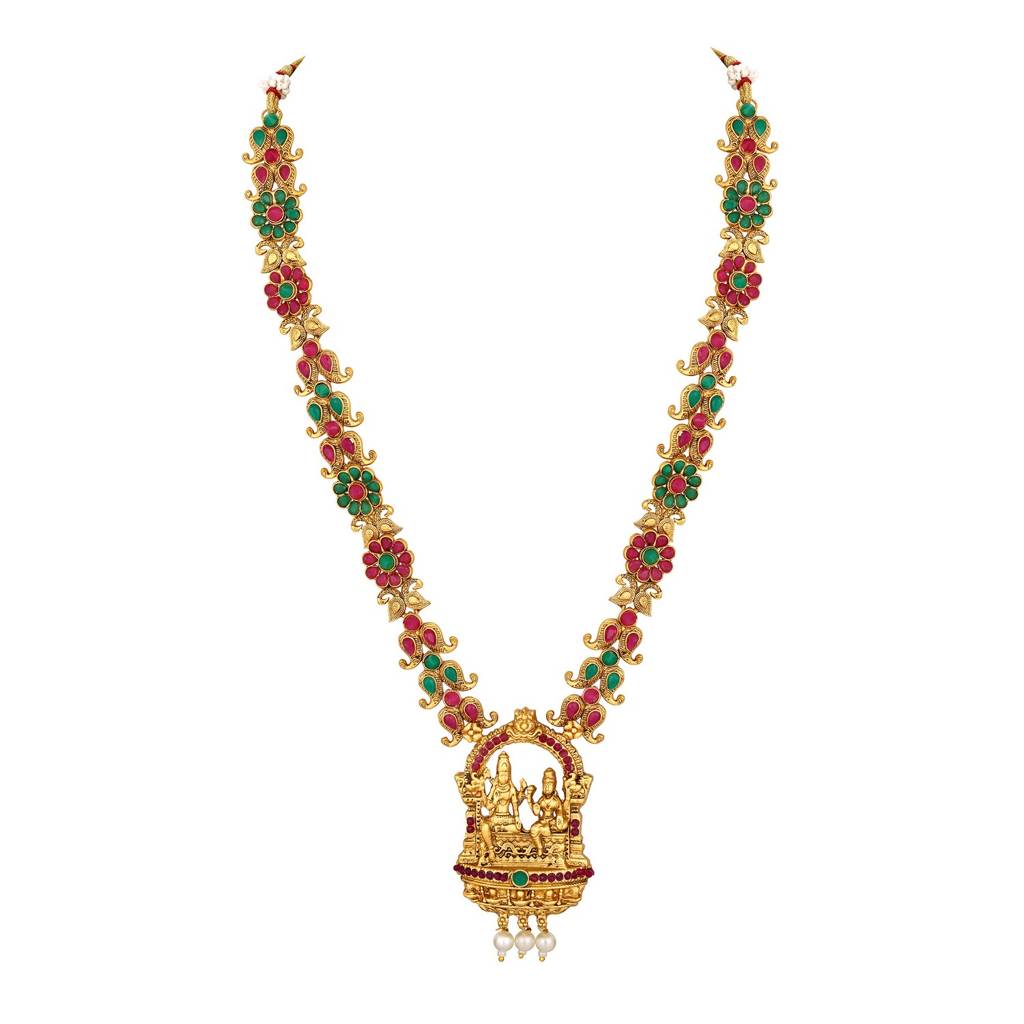 Gold-Plated Ruby & Emerald Stone-Studded Temple Jewellery Set With Pearl & Gold Beads : NL-JS25-40431