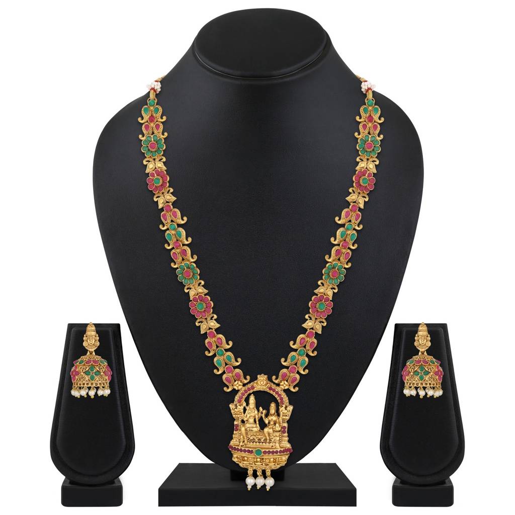 Gold-Plated Ruby & Emerald Stone-Studded Temple Jewellery Set With Pearl & Gold Beads : NL-JS25-40431