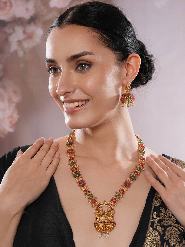 Gold-Plated Ruby & Emerald Stone-Studded Temple Jewellery Set With Pearl & Gold Beads : NL-JS25-40431