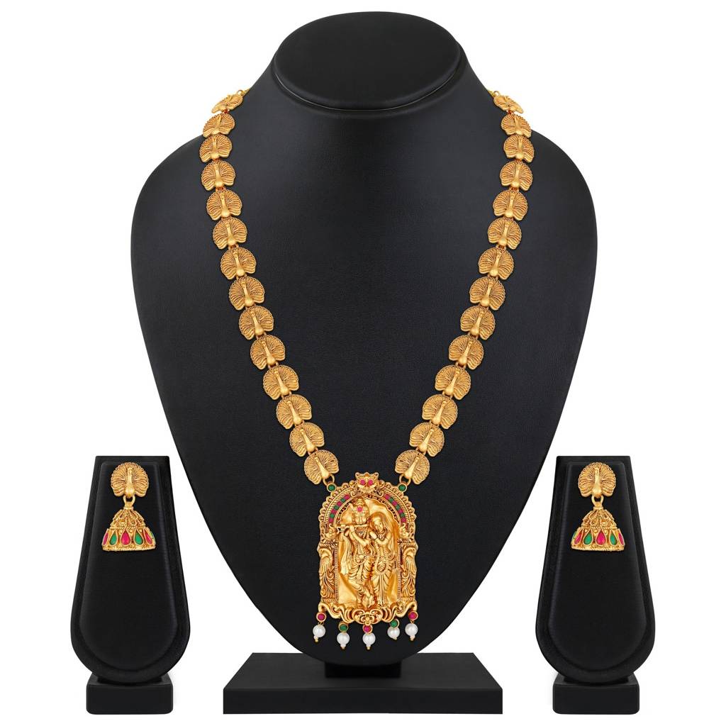 22K Gold Plated Golden Beads & Pearl Drops Radha Krishna Temple Jewellery Set : NL-JS25-40433