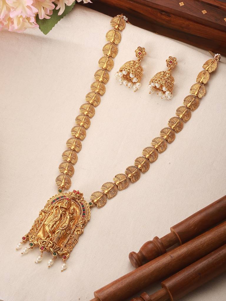 22K Gold Plated Golden Beads Pearl Drops Radha Krishna Temple Jewellery  Set Gold Mixed Metal