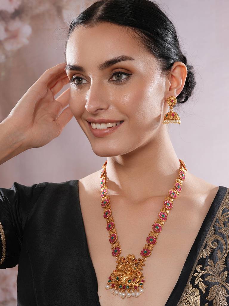 Gold-Plated Faux Ruby Studded Floral Temple Jewellery Set : NL-JS25-40434