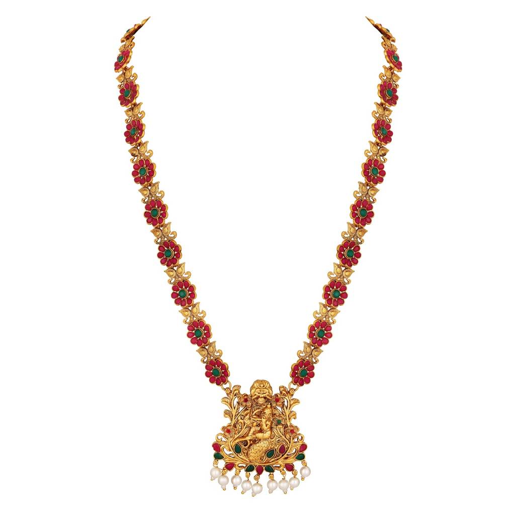 Gold-Plated Faux Ruby Studded Floral Temple Jewellery Set : NL-JS25-40434