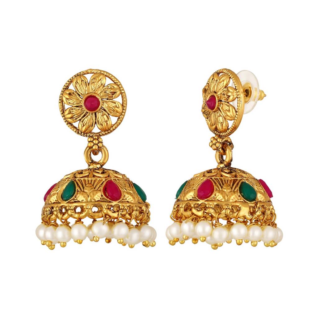 Gold-Plated Faux Ruby Studded Floral Temple Jewellery Set : NL-JS25-40434