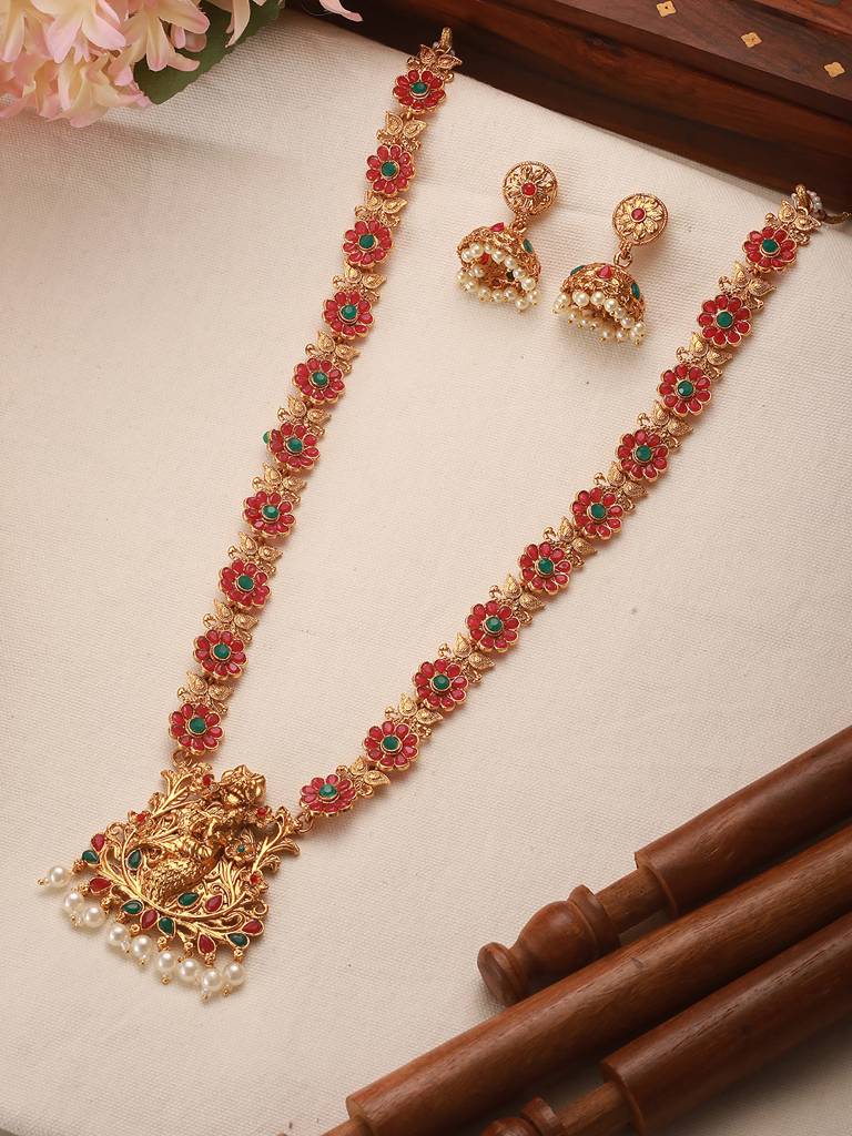 Gold-Plated Faux Ruby Studded Floral Temple Jewellery Set : NL-JS25-40434