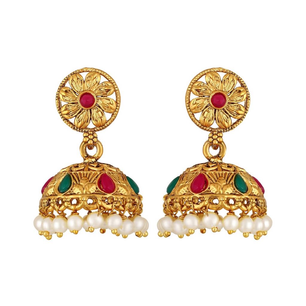 Gold-Plated Faux Ruby Studded Floral Temple Jewellery Set : NL-JS25-40434