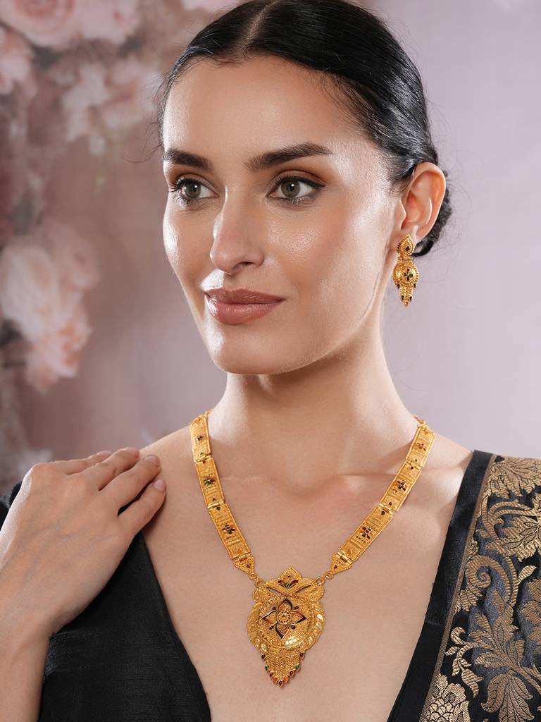 22K Gold Plated Circular Design Necklace Set With Matching Earrings : NL-JS25-40440