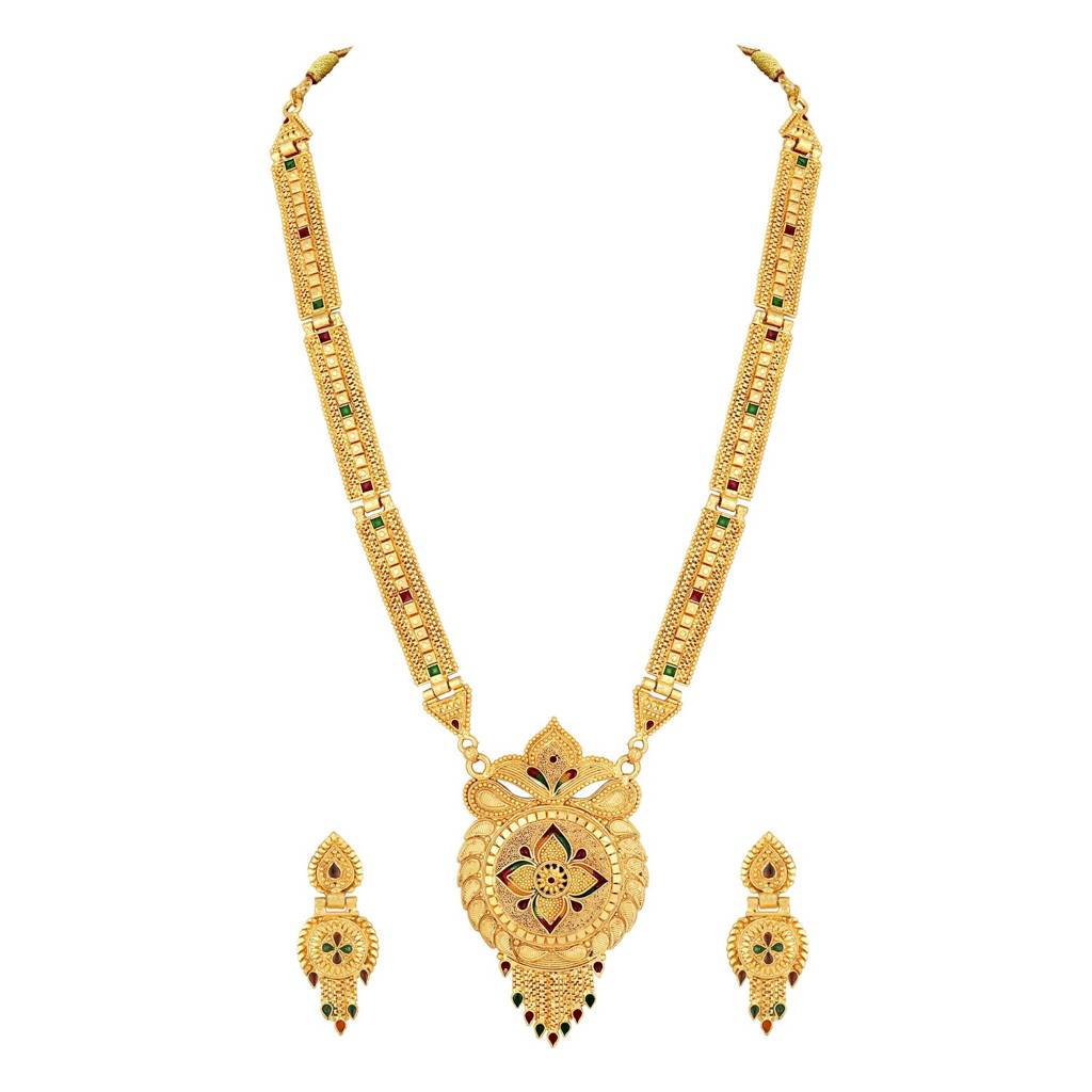 22K Gold Plated Circular Design Necklace Set With Matching Earrings : NL-JS25-40440