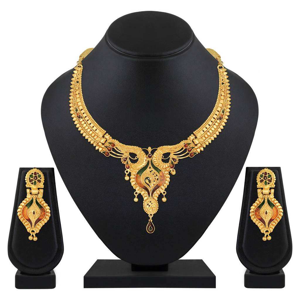 22K Gold Plated Peacock Design Necklace Set With Matching Earrings-40444 : NL-JS25-40444