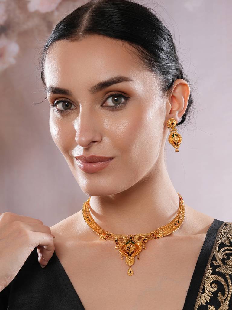 22K Gold Plated Peacock Design Necklace Set With Matching Earrings-40444 : NL-JS25-40444