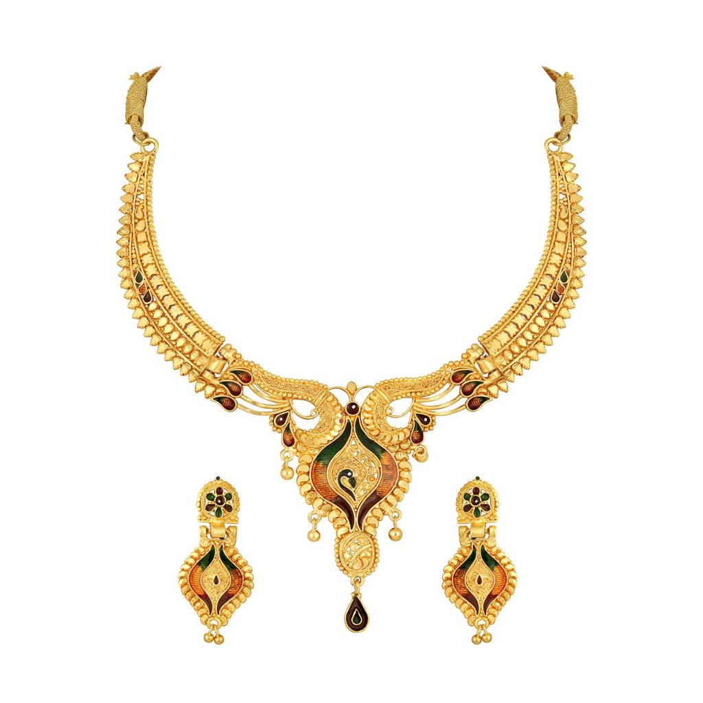 22K Gold Plated Peacock Design Necklace Set With Matching Earrings-40444 : NL-JS25-40444