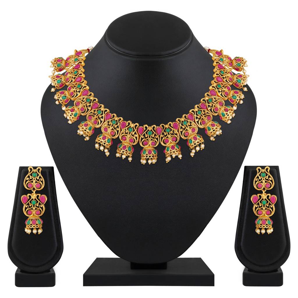 22K Gold-Plated Ruby Kundan & Stone Studded Necklace Set With Pearl Beads : NL-JS25-40449