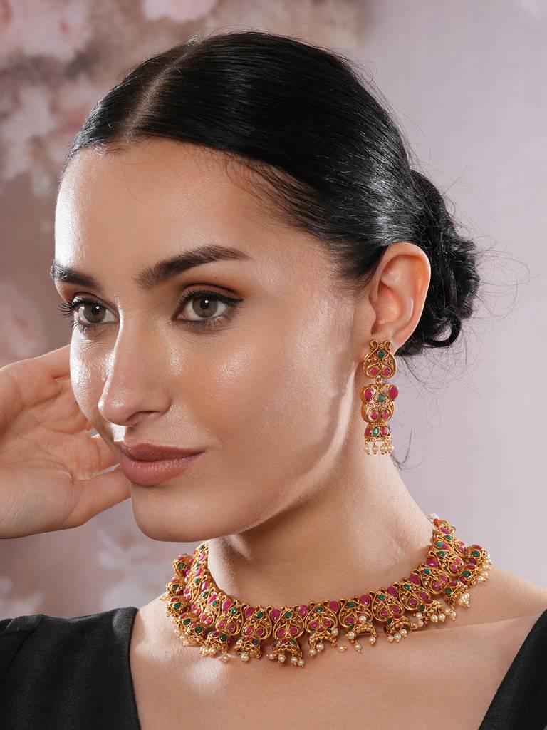 22K Gold-Plated Ruby Kundan & Stone Studded Necklace Set With Pearl Beads : NL-JS25-40449