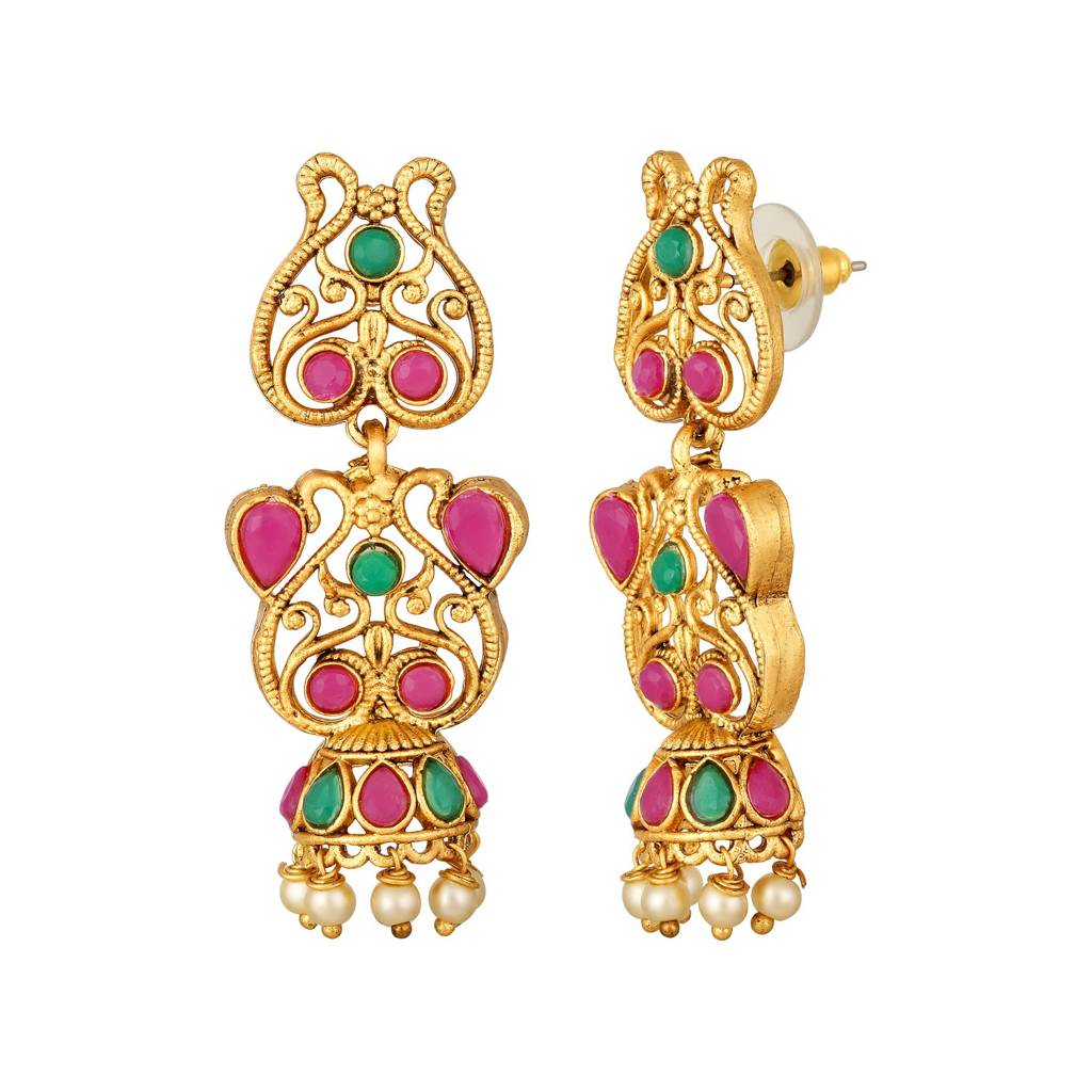 22K Gold-Plated Ruby Kundan & Stone Studded Necklace Set With Pearl Beads : NL-JS25-40449