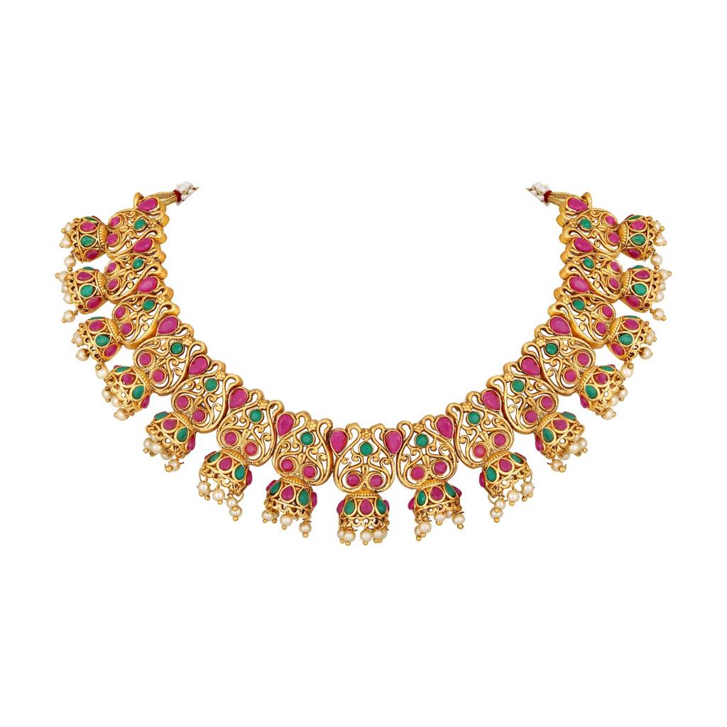 22K Gold-Plated Ruby Kundan & Stone Studded Necklace Set With Pearl Beads : NL-JS25-40449