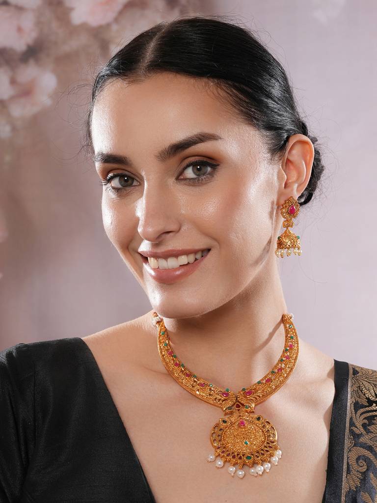 22K Gold Plated Peacock Design Necklace Set With Matching Earrings-40450 : NL-JS25-40450