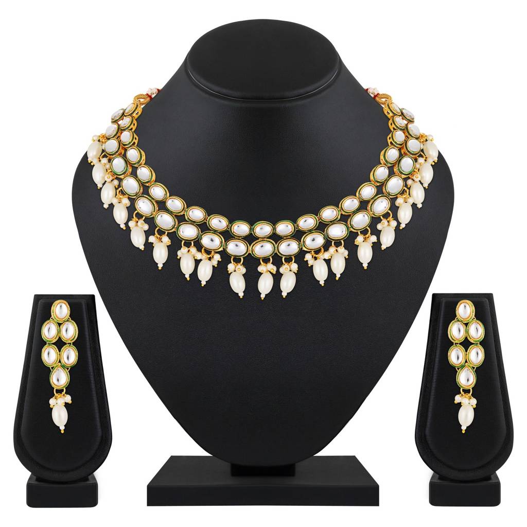 Gold-Plated Kundan-Studded & White Beaded Handcrafted Jewellery Set : NL-JS25-40453