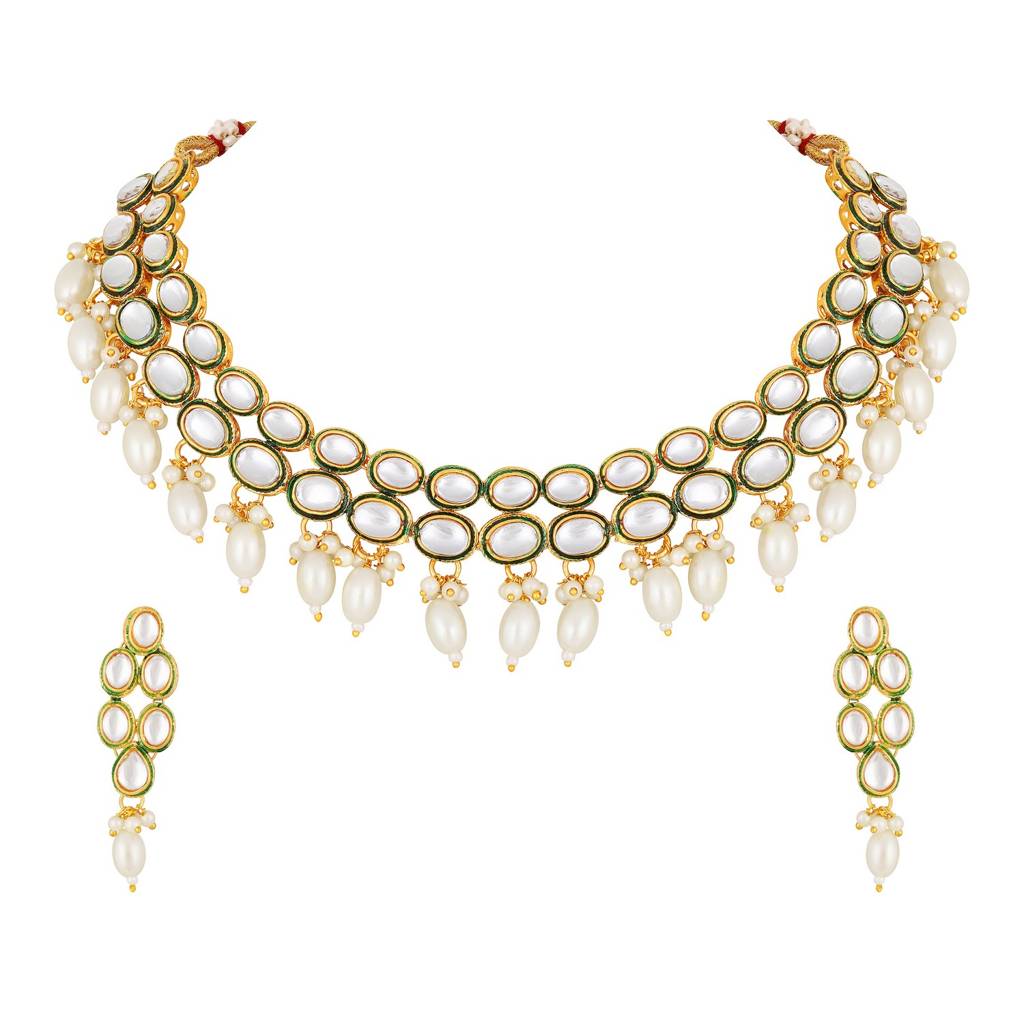 Gold-Plated Kundan-Studded & White Beaded Handcrafted Jewellery Set : NL-JS25-40453