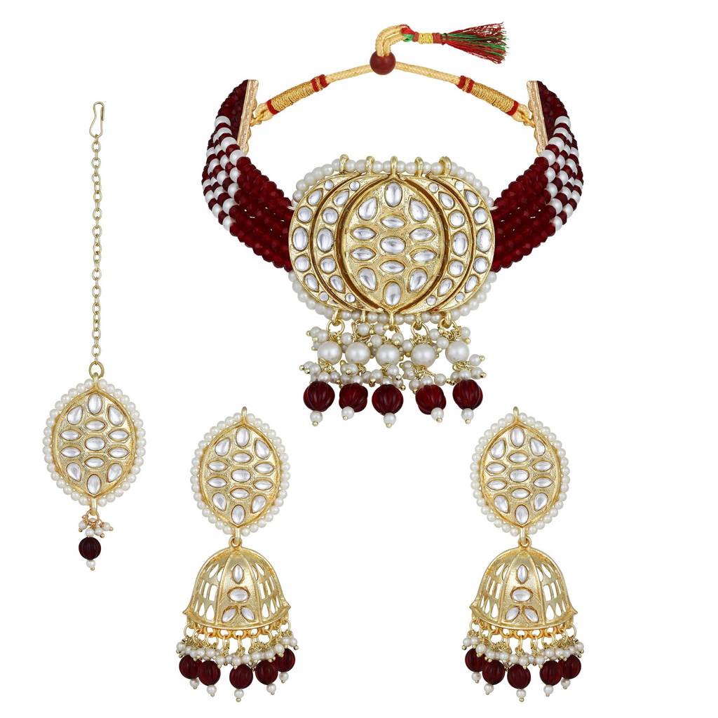 Gold-Plated Kundan-Studded & Beaded Maroon Necklace & Earrings Set With Maangtikka : NL-JS25-40459