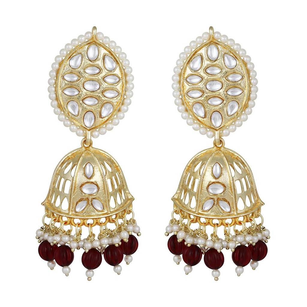 Gold-Plated Kundan-Studded & Beaded Maroon Necklace & Earrings Set With Maangtikka : NL-JS25-40459